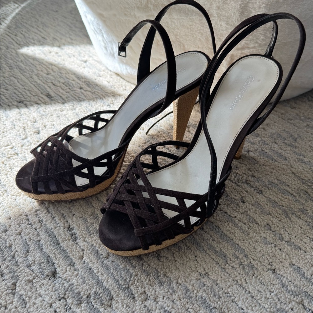 Calvin Klein Brown Woven Suede Slingback Heels